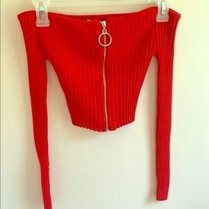 Off-the-shoulder zip-up crop top